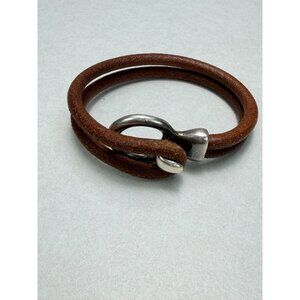 Vintage Modernist Leather Bracelet Sterling Silver Hook Clasp Wrap Unisex 7"